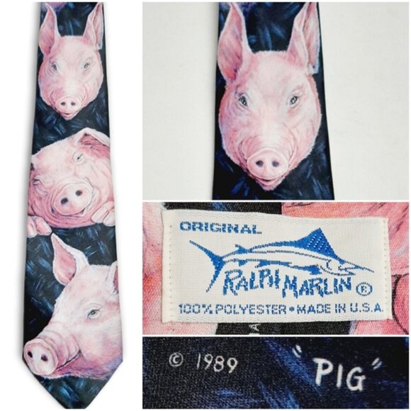 RALPH MARLIN Pig Novelty Design Pattern 1989 Retro Men's Necktie Neck Tie - Picture 1 of 11